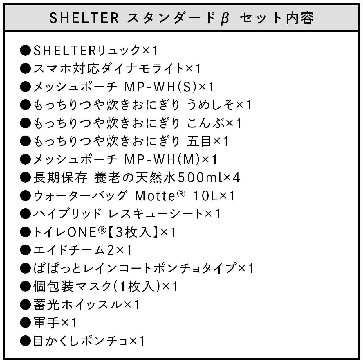 防災ｾｯﾄ SHELTER ｽﾀﾝﾀﾞｰﾄﾞβ ﾌﾞﾗｯｸ 520X340X170mm  約3.8Kg